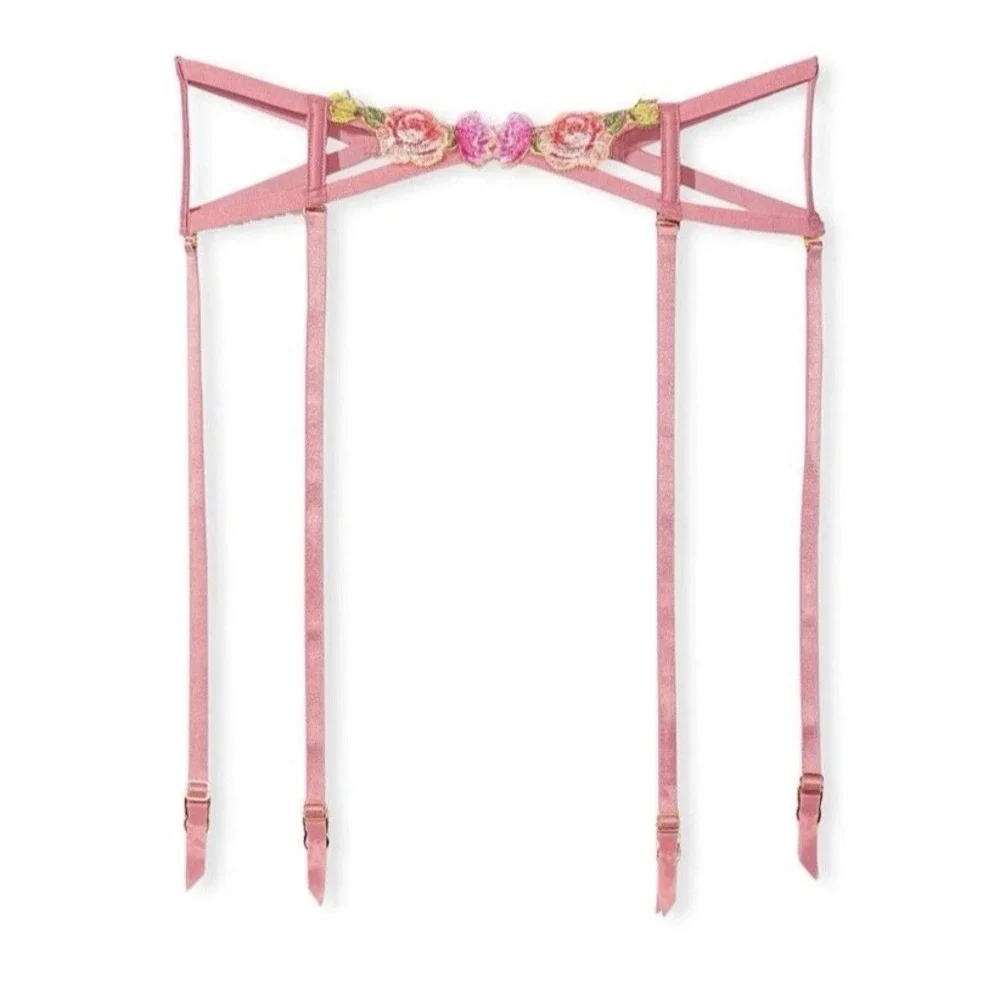 Victoria's Secret Very Sexy Garter & Thong Set Sz‎ M Dusty Rose Embroidery Pink